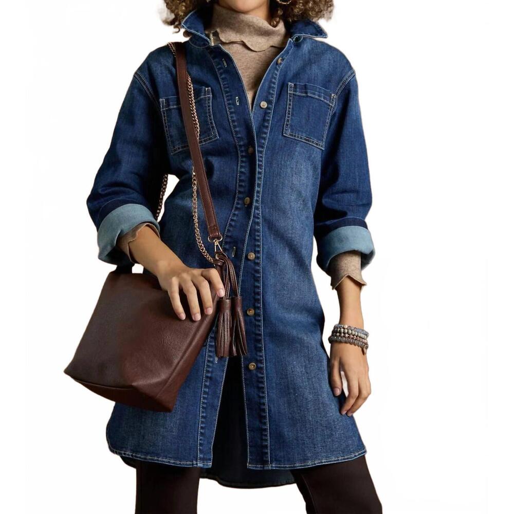 NEW COCO + CARMEN bambu soft button front long shacket in dark denim